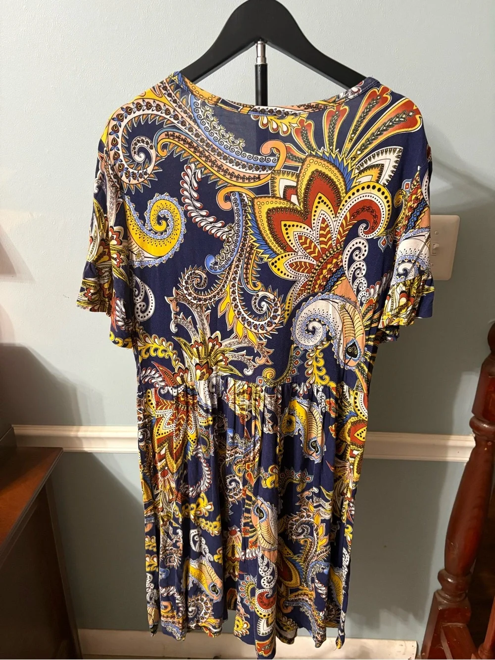 Navy Paisley Midi Dress with Yellow & Orange Accents by Viishow - Picture 3 of 5